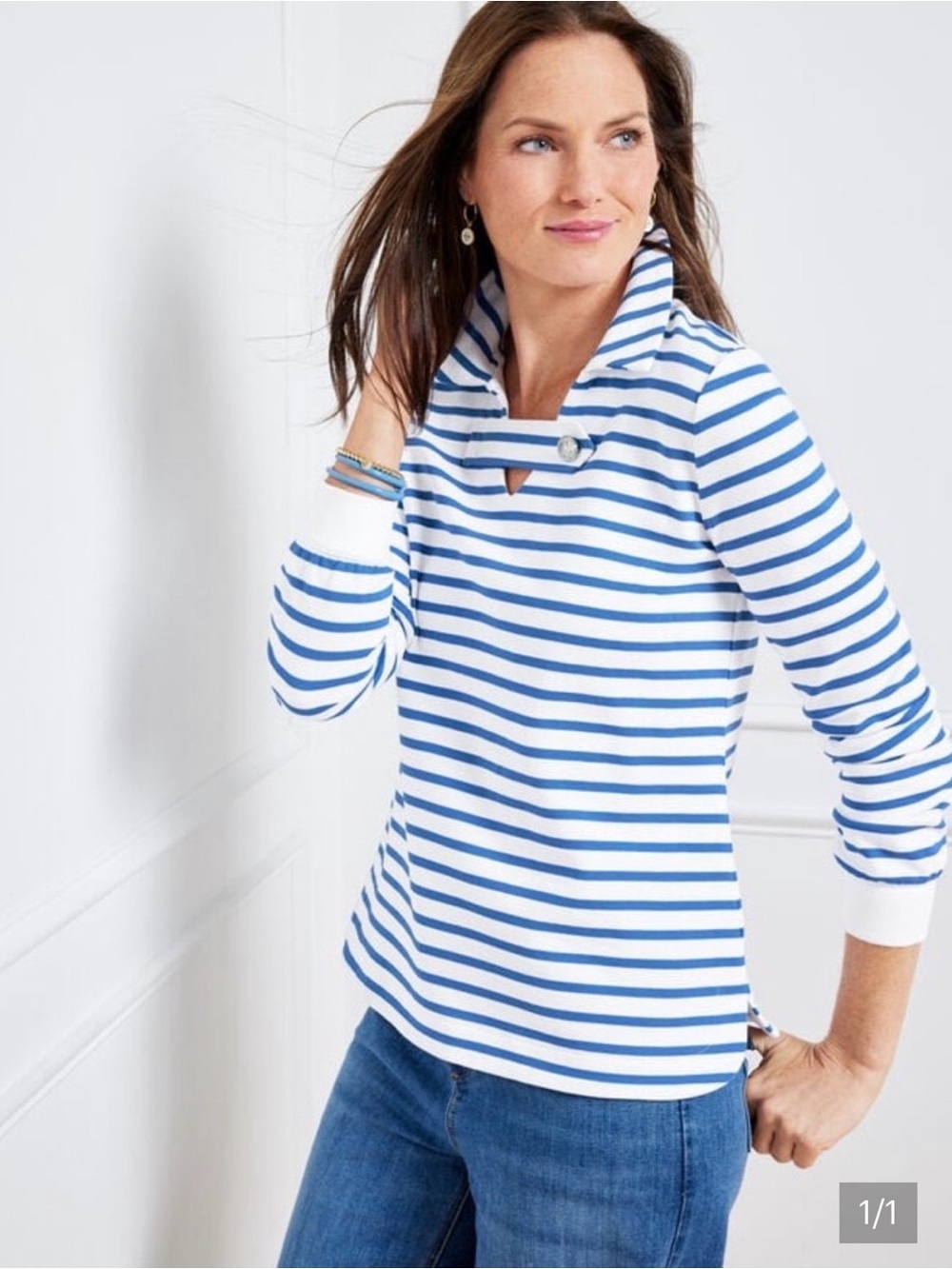 Talbots Blue and White Striped Funnel-Neck Pullover